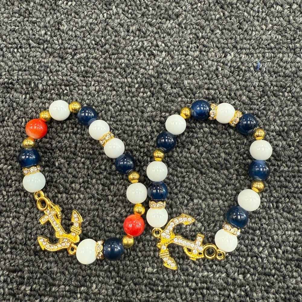 Gold and Navy Anchor Charm Bracelet
